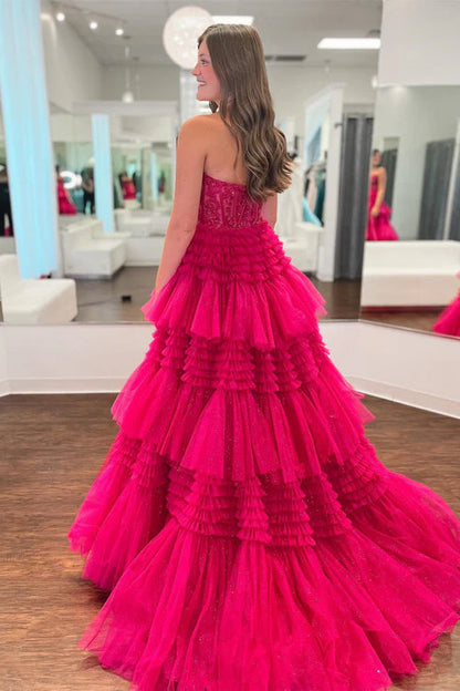A Line Tiered Sweetheart Strapless Tulle Prom Dresses