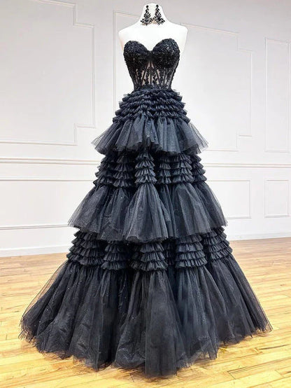 A Line Tiered Sweetheart Strapless Tulle Prom Dresses