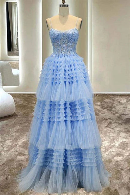 A Line Tulle Layers Spaghetti Straps Split Prom Dress With Appliques