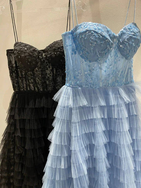 A Line Tulle Layers Spaghetti Straps Split Prom Dress With Appliques