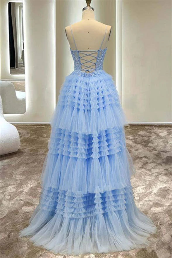 A Line Tulle Layers Spaghetti Straps Split Prom Dress With Appliques