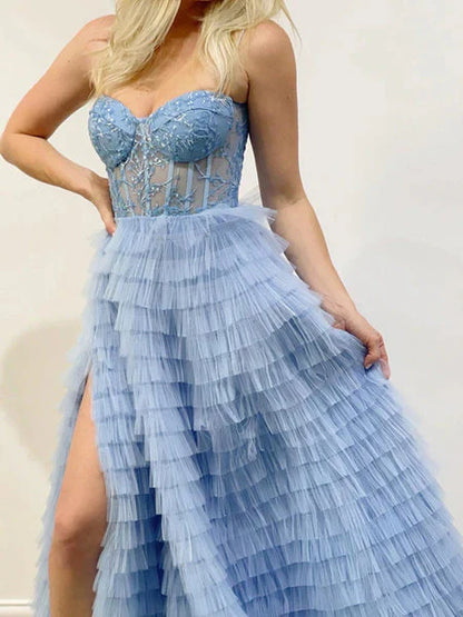 A Line Tulle Layers Spaghetti Straps Split Prom Dress With Appliques