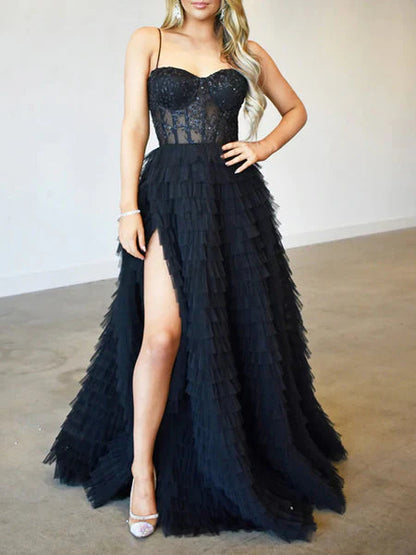 A Line Tulle Layers Spaghetti Straps Split Prom Dress With Appliques