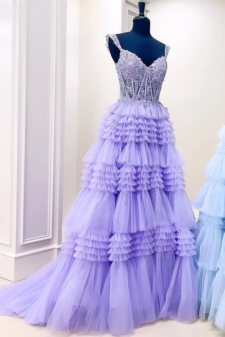A Line Tulle Off-the-Shoulder Ruffle Tiered Long Prom Dress