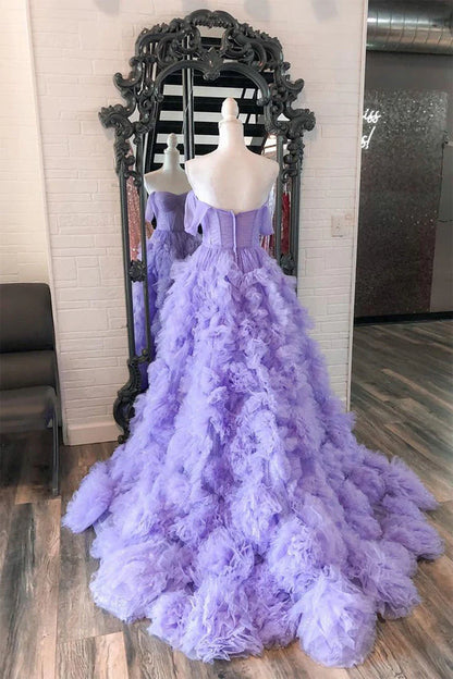 A Line Tulle Off-the-Shoulder Tiered Long Prom Dress with Ruffles