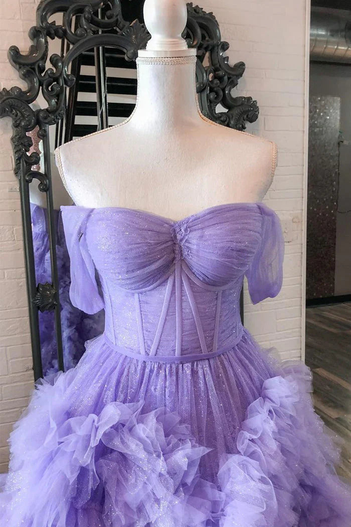 A Line Tulle Off-the-Shoulder Tiered Long Prom Dress with Ruffles