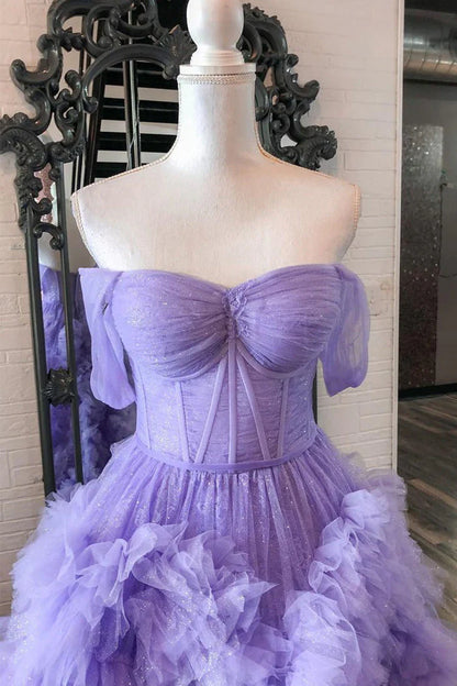 A Line Tulle Off-the-Shoulder Tiered Long Prom Dress with Ruffles