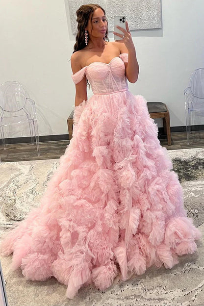 A Line Tulle Off-the-Shoulder Tiered Long Prom Dress with Ruffles