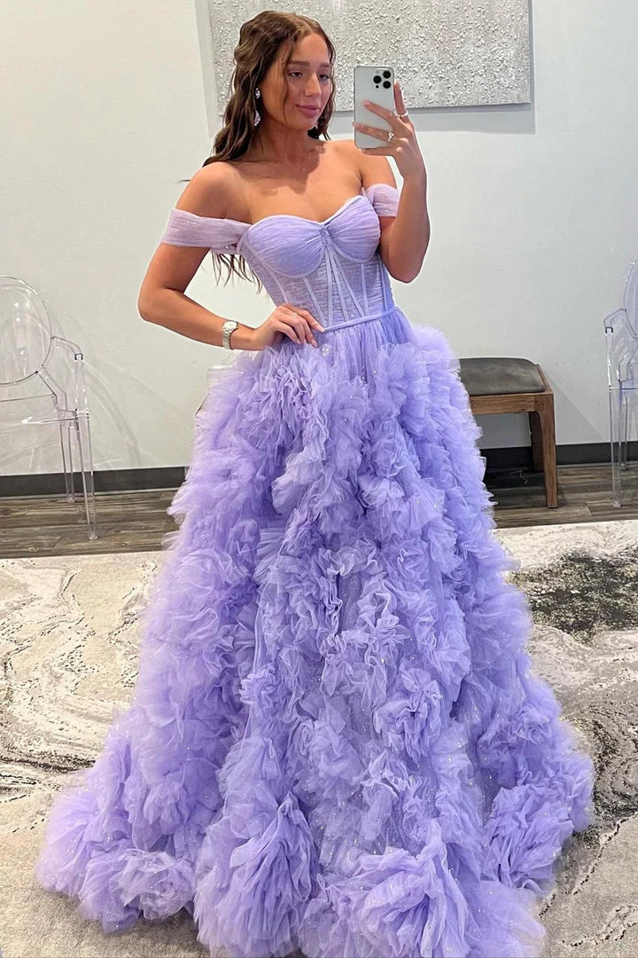 A Line Tulle Off-the-Shoulder Tiered Long Prom Dress with Ruffles