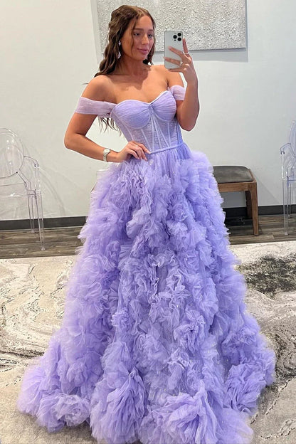 A Line Tulle Off-the-Shoulder Tiered Long Prom Dress with Ruffles