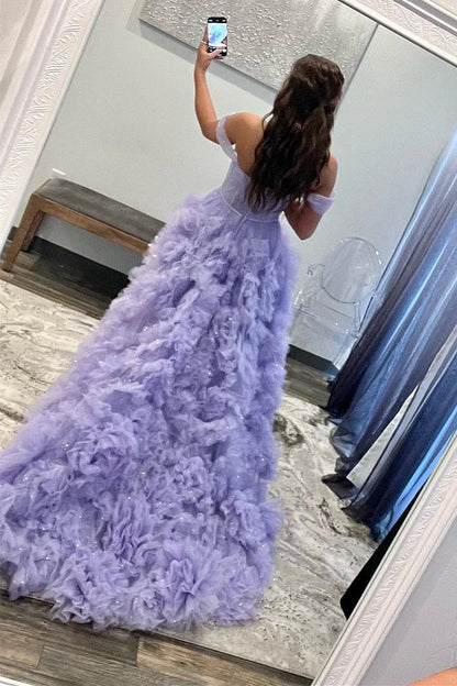 A Line Tulle Off-the-Shoulder Tiered Long Prom Dress with Ruffles