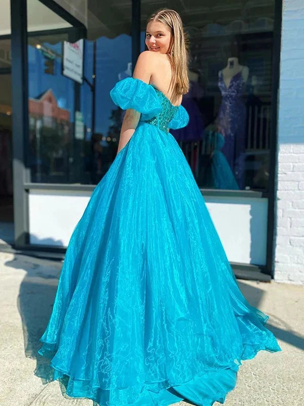 A Line Tulle Sweetheart Puff Off The Shoulder Beaded Long Prom Dress