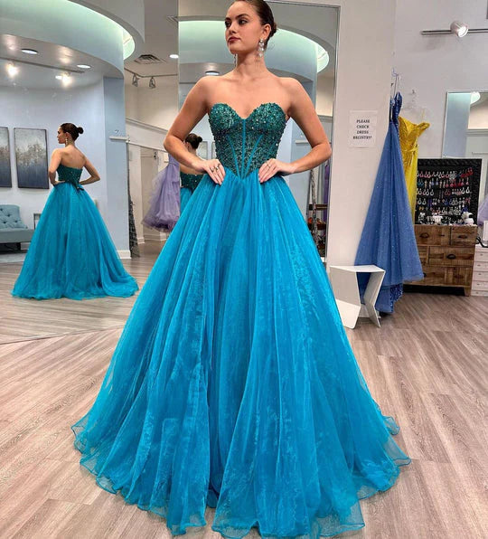 A Line Tulle Sweetheart Puff Off The Shoulder Beaded Long Prom Dress