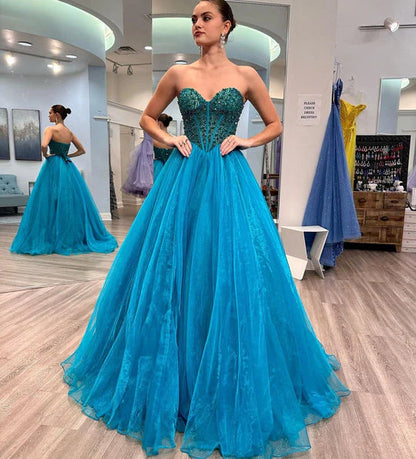 A Line Tulle Sweetheart Puff Off The Shoulder Beaded Long Prom Dress