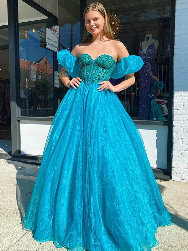 A Line Tulle Sweetheart Puff Off The Shoulder Beaded Long Prom Dress