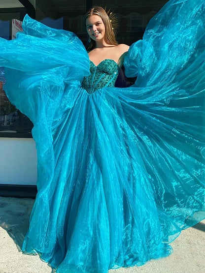 A Line Tulle Sweetheart Puff Off The Shoulder Beaded Long Prom Dress