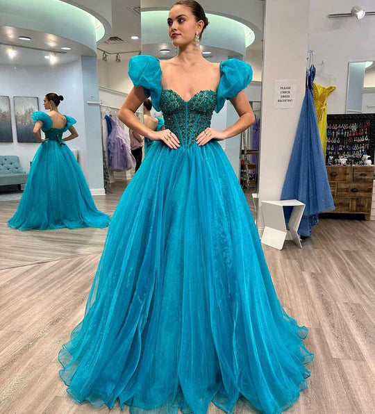 A Line Tulle Sweetheart Puff Off The Shoulder Beaded Long Prom Dress
