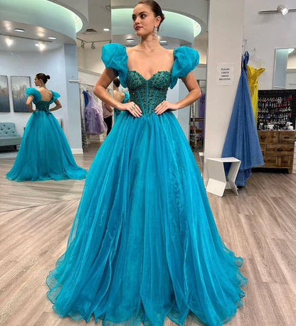 A Line Tulle Sweetheart Puff Off The Shoulder Beaded Long Prom Dress