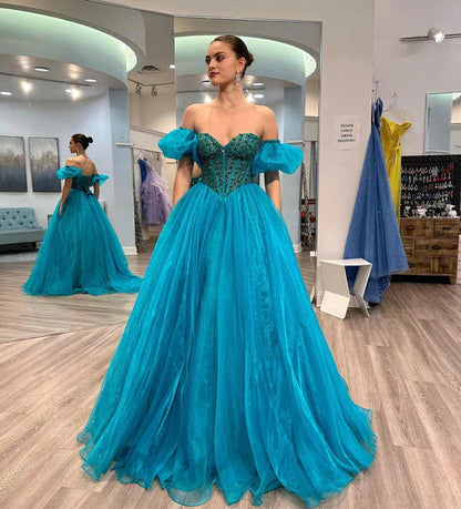 A Line Tulle Sweetheart Puff Off The Shoulder Beaded Long Prom Dress