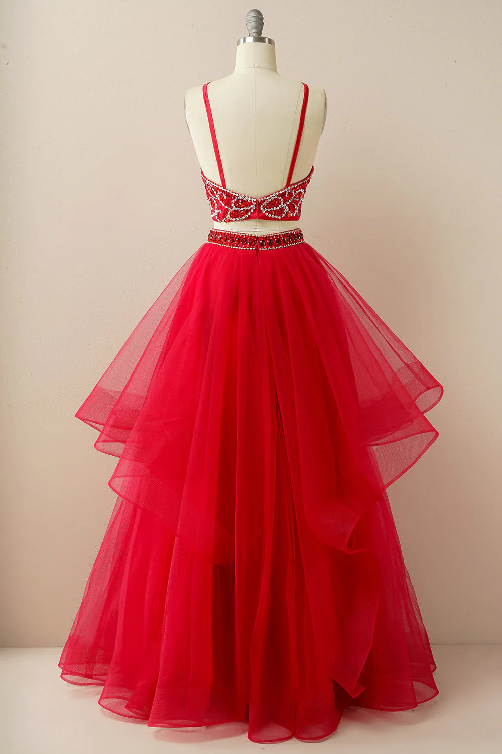 A Line Two Pieces Halter Long Tulle Backless Prom Dress with Beading