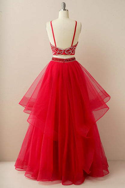A Line Two Pieces Halter Long Tulle Backless Prom Dress with Beading