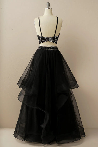 A Line Two Pieces Halter Long Tulle Backless Prom Dress with Beading
