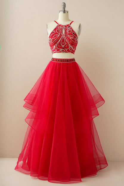 A Line Two Pieces Halter Long Tulle Backless Prom Dress with Beading