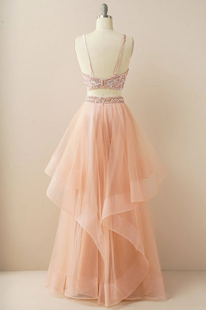 A Line Two Pieces Halter Long Tulle Backless Prom Dress with Beading