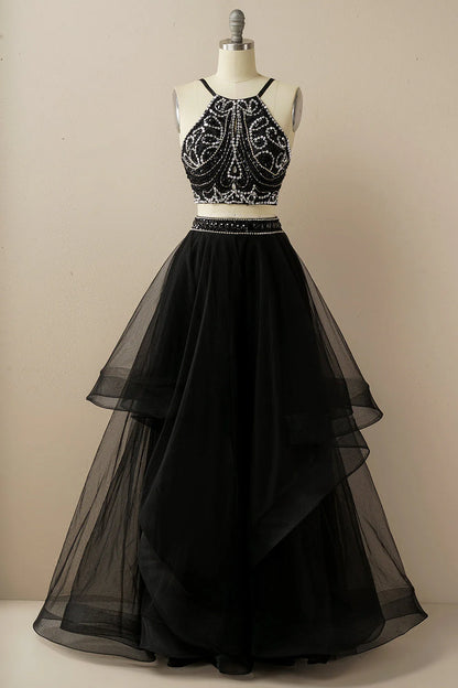 A Line Two Pieces Halter Long Tulle Backless Prom Dress with Beading