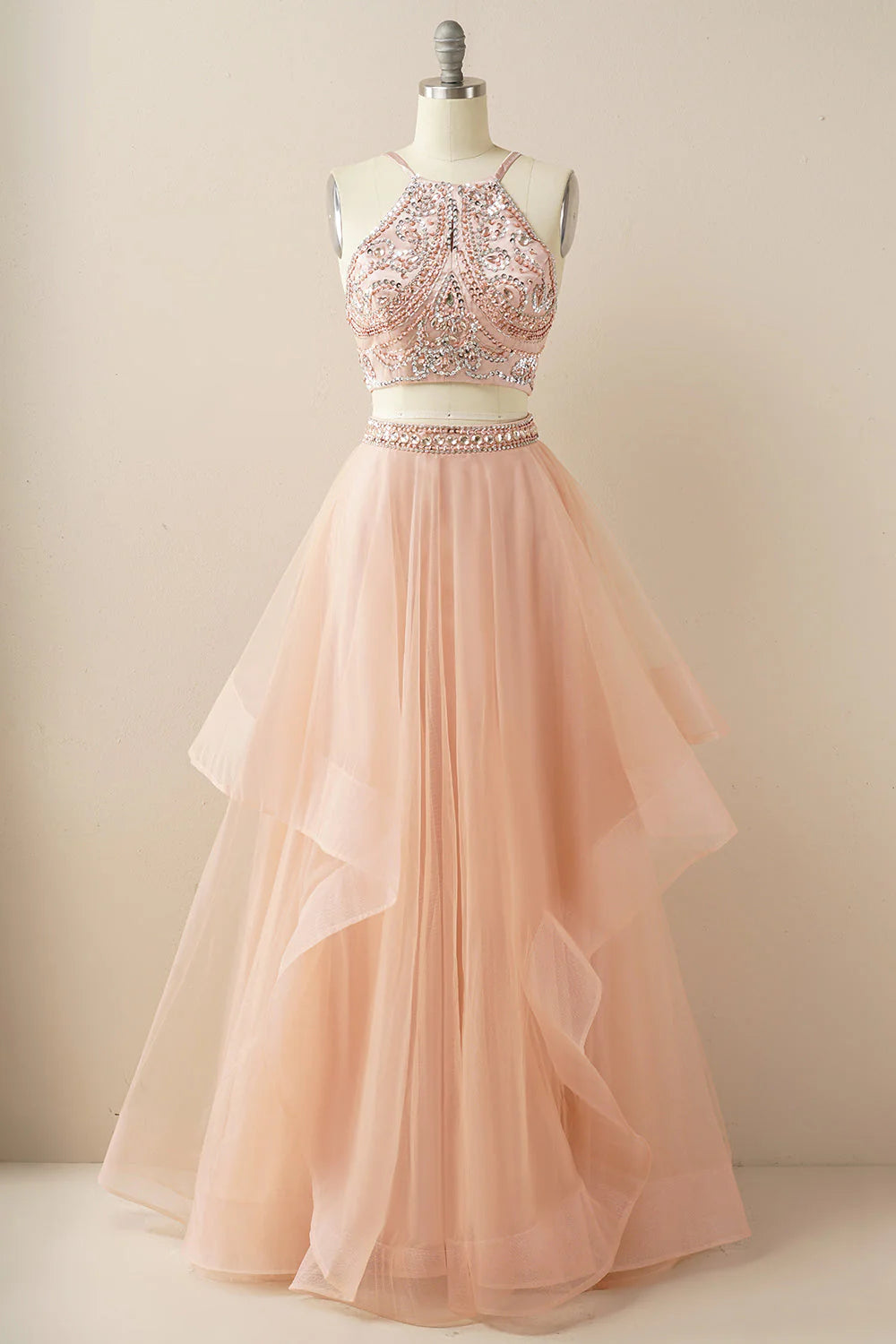 A Line Two Pieces Halter Long Tulle Backless Prom Dress with Beading