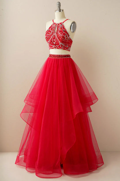A Line Two Pieces Halter Long Tulle Backless Prom Dress with Beading