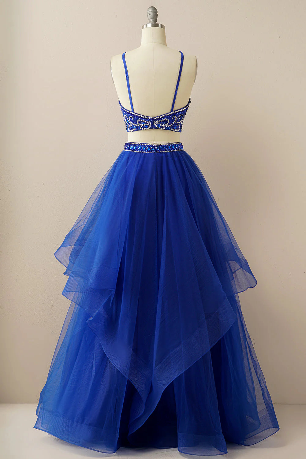 A Line Two Pieces Halter Long Tulle Backless Prom Dress with Beading