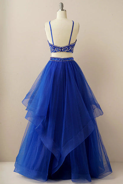 A Line Two Pieces Halter Long Tulle Backless Prom Dress with Beading