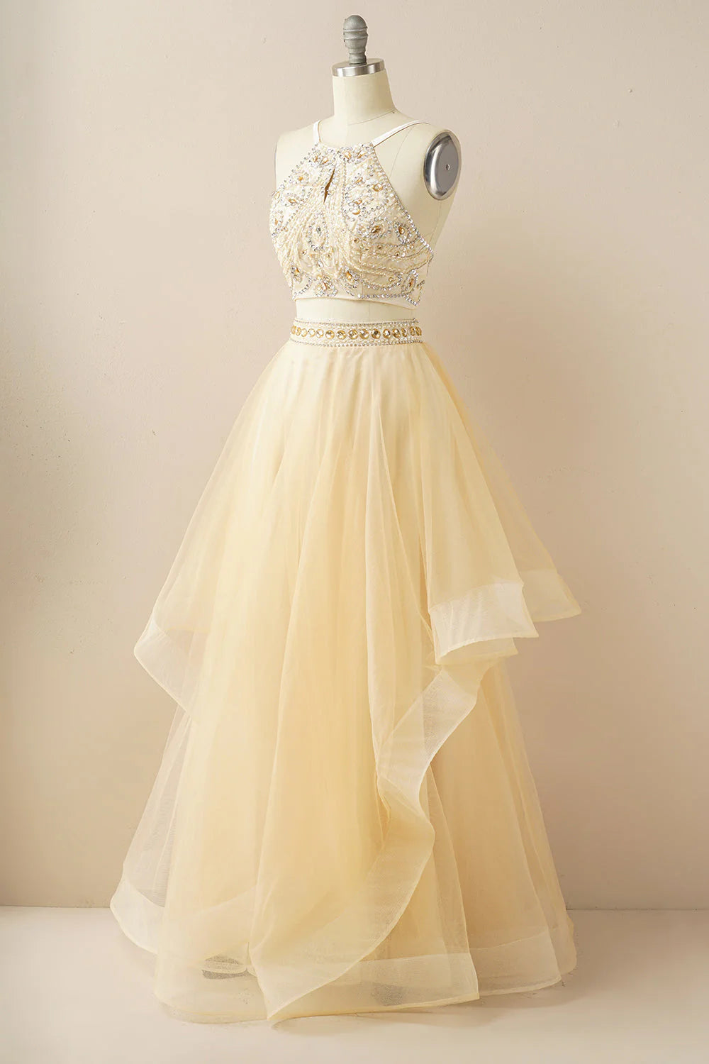 A Line Two Pieces Halter Long Tulle Backless Prom Dress with Beading