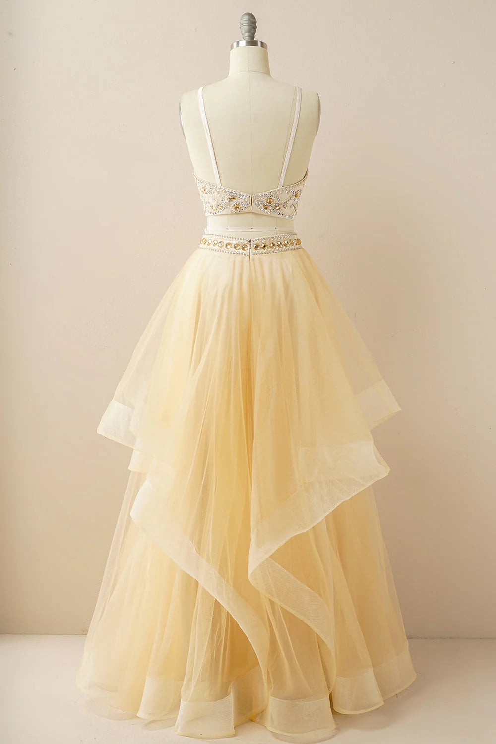 A Line Two Pieces Halter Long Tulle Backless Prom Dress with Beading