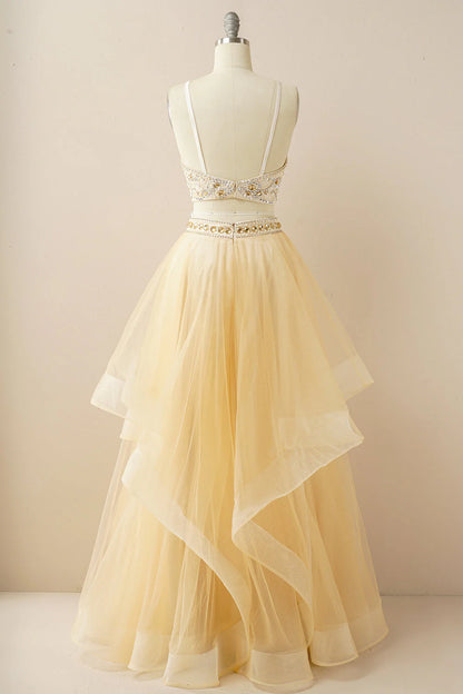 A Line Two Pieces Halter Long Tulle Backless Prom Dress with Beading