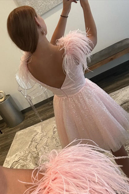 A Line V Neck Feather Homecoming Dress, Tulle Short Cocktail Dresses
