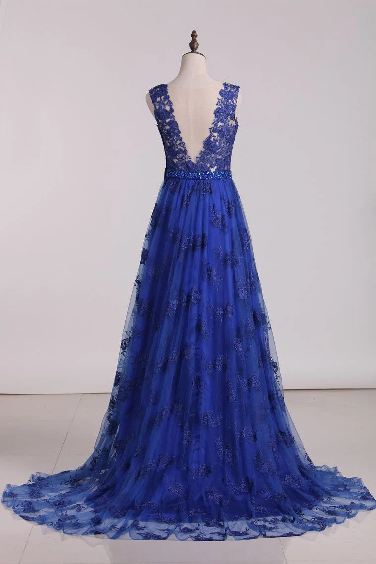 A Line V Neck Lace Sweep Train Party Dresses