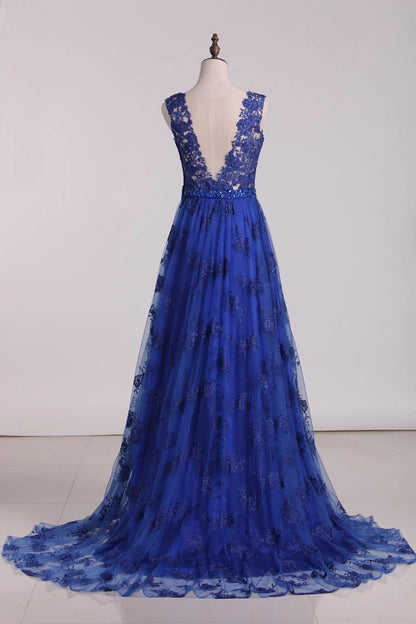 A Line V Neck Lace Sweep Train Party Dresses