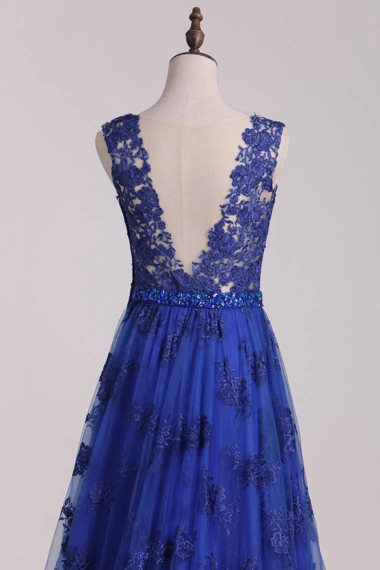 A Line V Neck Lace Sweep Train Party Dresses