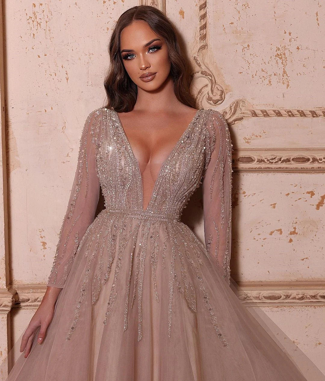 A-Line V-Neck Long Sleeves Tulle Crystal Sequined Beading Prom Dresses