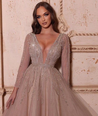 A-Line V-Neck Long Sleeves Tulle Crystal Sequined Beading Prom Dresses