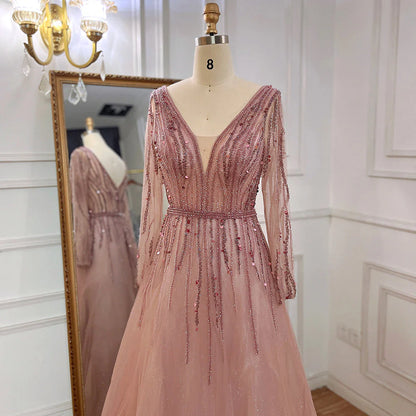 A-Line V-Neck Long Sleeves Tulle Crystal Sequined Beading Prom Dresses