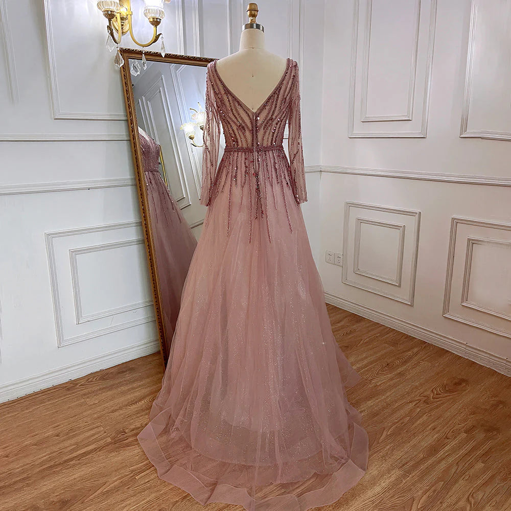 A-Line V-Neck Long Sleeves Tulle Crystal Sequined Beading Prom Dresses