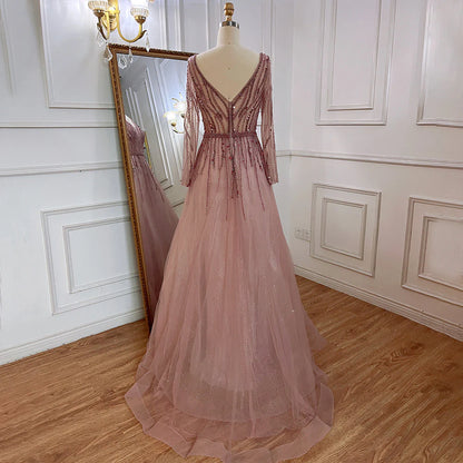 A-Line V-Neck Long Sleeves Tulle Crystal Sequined Beading Prom Dresses