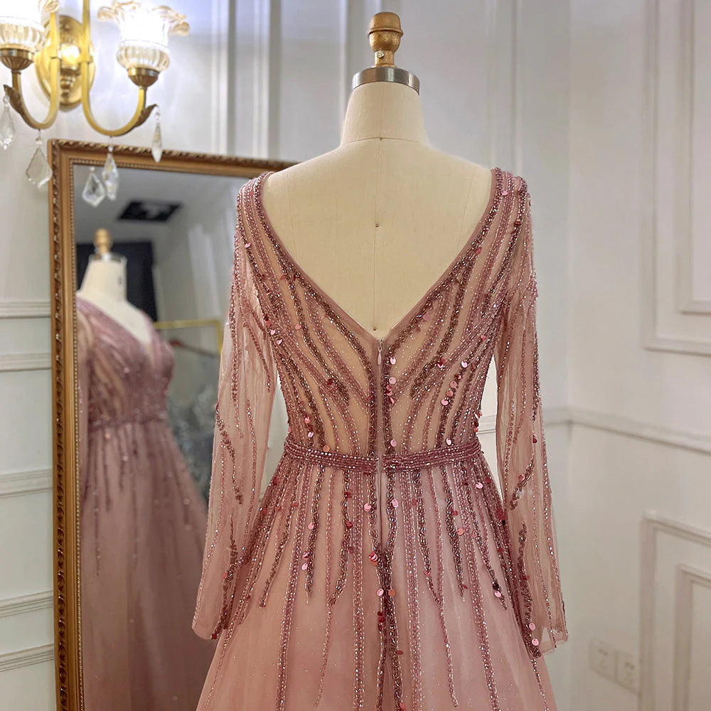 A-Line V-Neck Long Sleeves Tulle Crystal Sequined Beading Prom Dresses