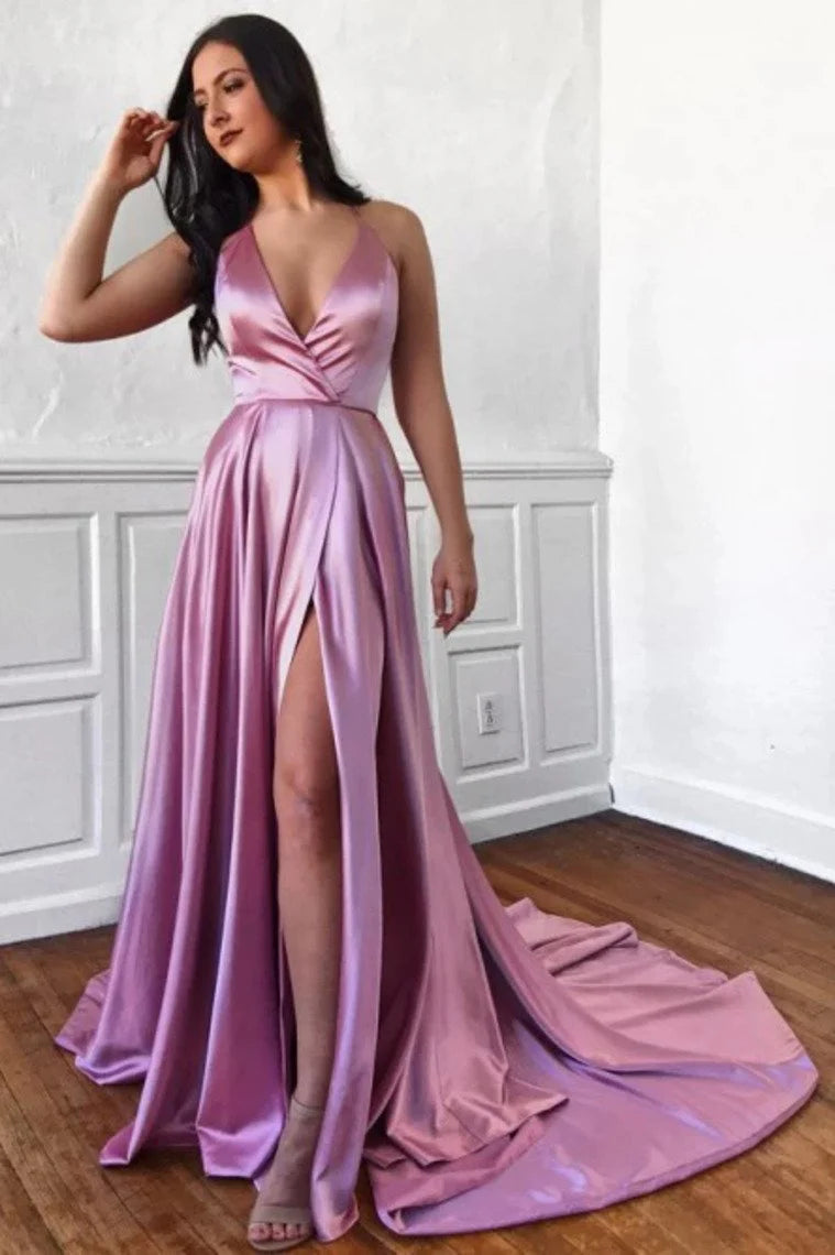 A-Line V Neck Satin Spaghetti Straps Sweep Train Prom Dress With Split