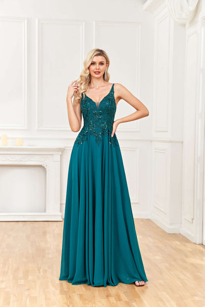 A Line V Neck Sleeveless Beaded Appliques Floor Length Prom Dresses
