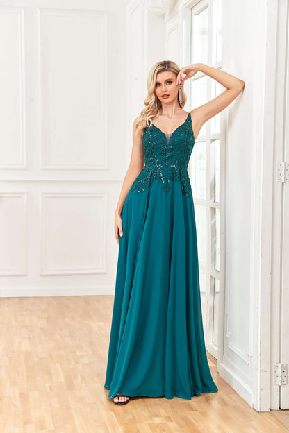A Line V Neck Sleeveless Beaded Appliques Floor Length Prom Dresses