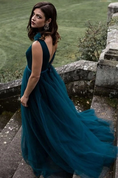 A Line V Neck and V Back Peacock Blue Long Prom Dress